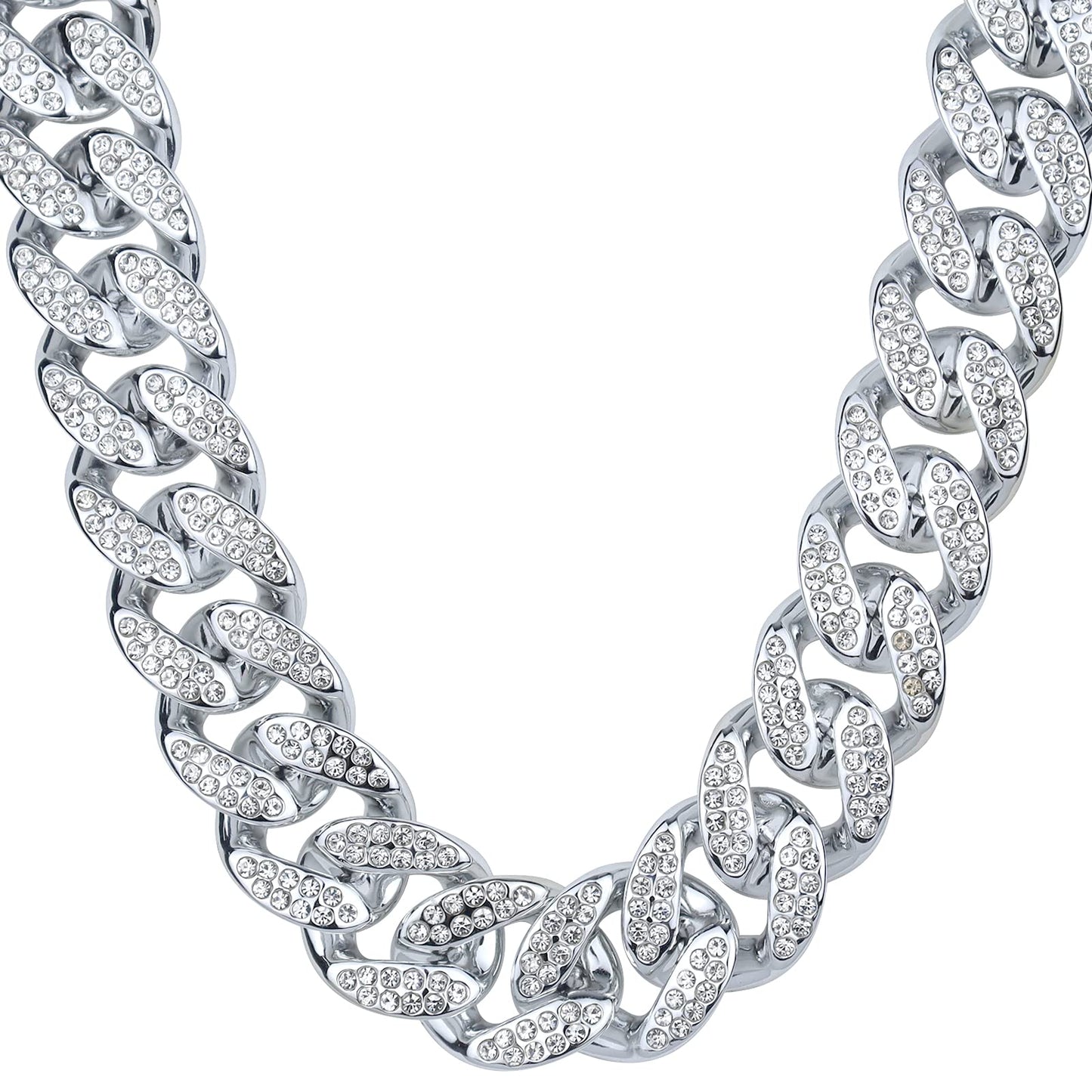 Riuziyi Plastic Shiny CZ Rhinestone Curb Cuban Link Chain Gold Silver Miami Hip Hop Chain Bling Diamond-Cut Chunky Turnover Necklace 80s 90s Costume Accessory for Men Women Unisex