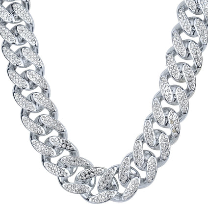 Riuziyi Plastic Shiny CZ Rhinestone Curb Cuban Link Chain Gold Silver Miami Hip Hop Chain Bling Diamond-Cut Chunky Turnover Necklace 80s 90s Costume Accessory for Men Women Unisex