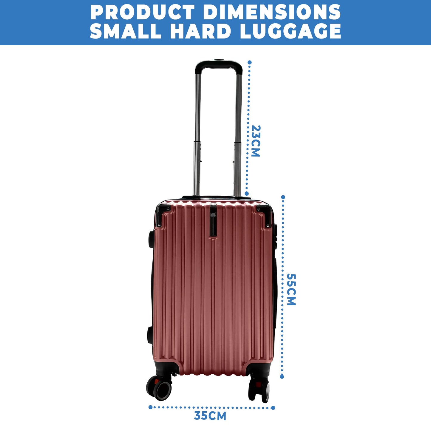Carry on travel luggage (size 20) fashionable Hard-shell (Hard side) trolley bag, with 360 spinner wheels, and extra protection or corners and sides. (Rose gold)