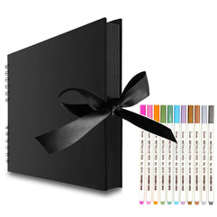 Womdee Scrapbook Photo Album with Black Page 12x9,Black Cover (40 Sheets, 80 pages) With 12 Pcs Markers Paints Pens