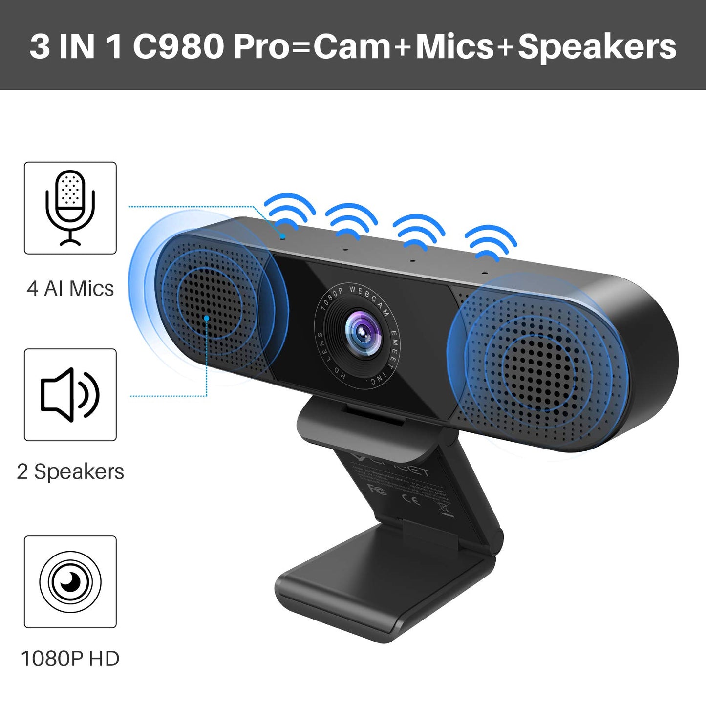 3 in 1 Webcam - 1080P Webcam with Microphone and Speakers, Noise Reduction, Auto Low Light Correction W/Cover, EMEET C980 Pro USB Camera Webcam 90° for Video Conferencing Streaming/Gaming/Class