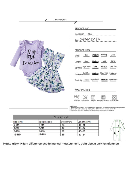 Borlai Newborn Baby Girl Floral Suspender Skirt Outfits Short Sleeve Ruffle Romper Dress Clothes Set(3-6 M)