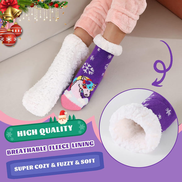 HERYEBING Kids Slipper Socks Boy Girl Chunky Knit Non Slip Socks Soft Fuzzy Warm Thick Fleece lined Christmas Stockings Child Toddler Winter Socks