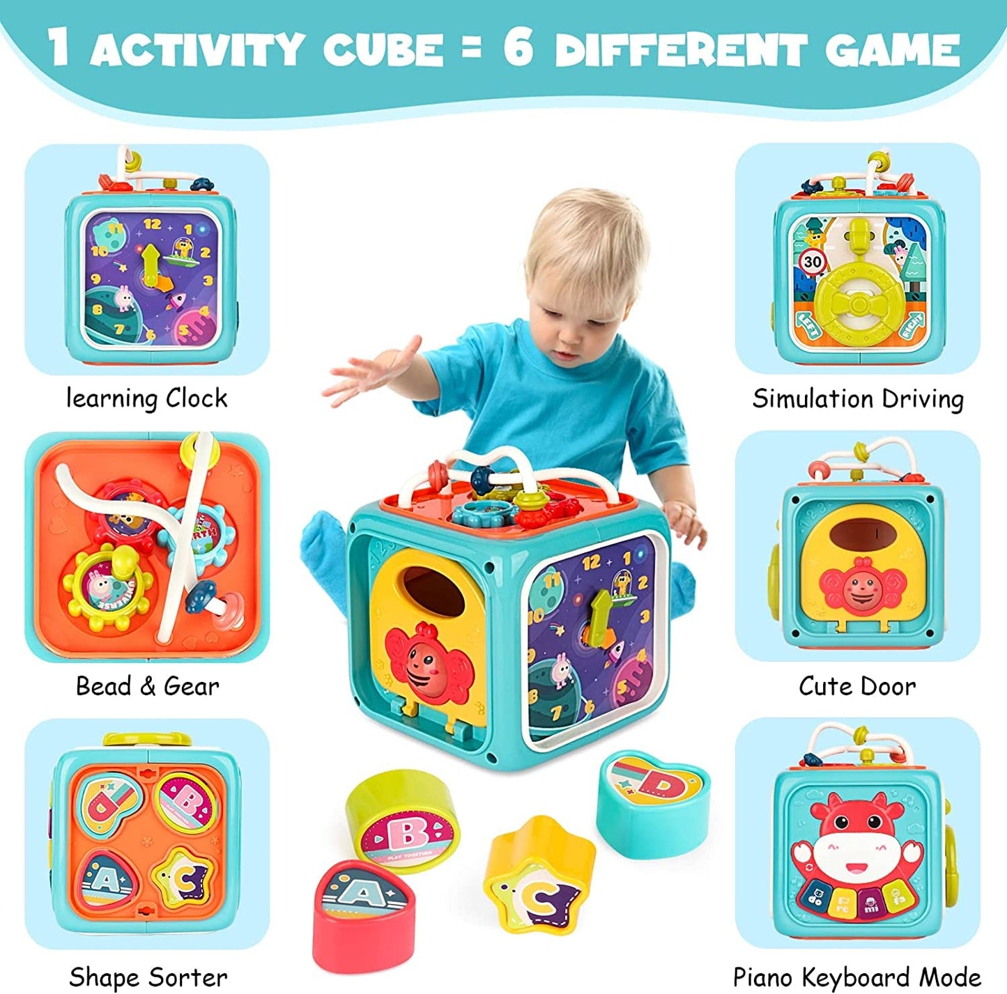 AM ANNA 6 in 1 Baby Activity Cube, Busy Learning Activity Cube Toy Bead Maze Shape Sorter with Music and Lights,Montessori Early Development Learning Toys for Toddler 1 Year Old Boy and Girl Gift