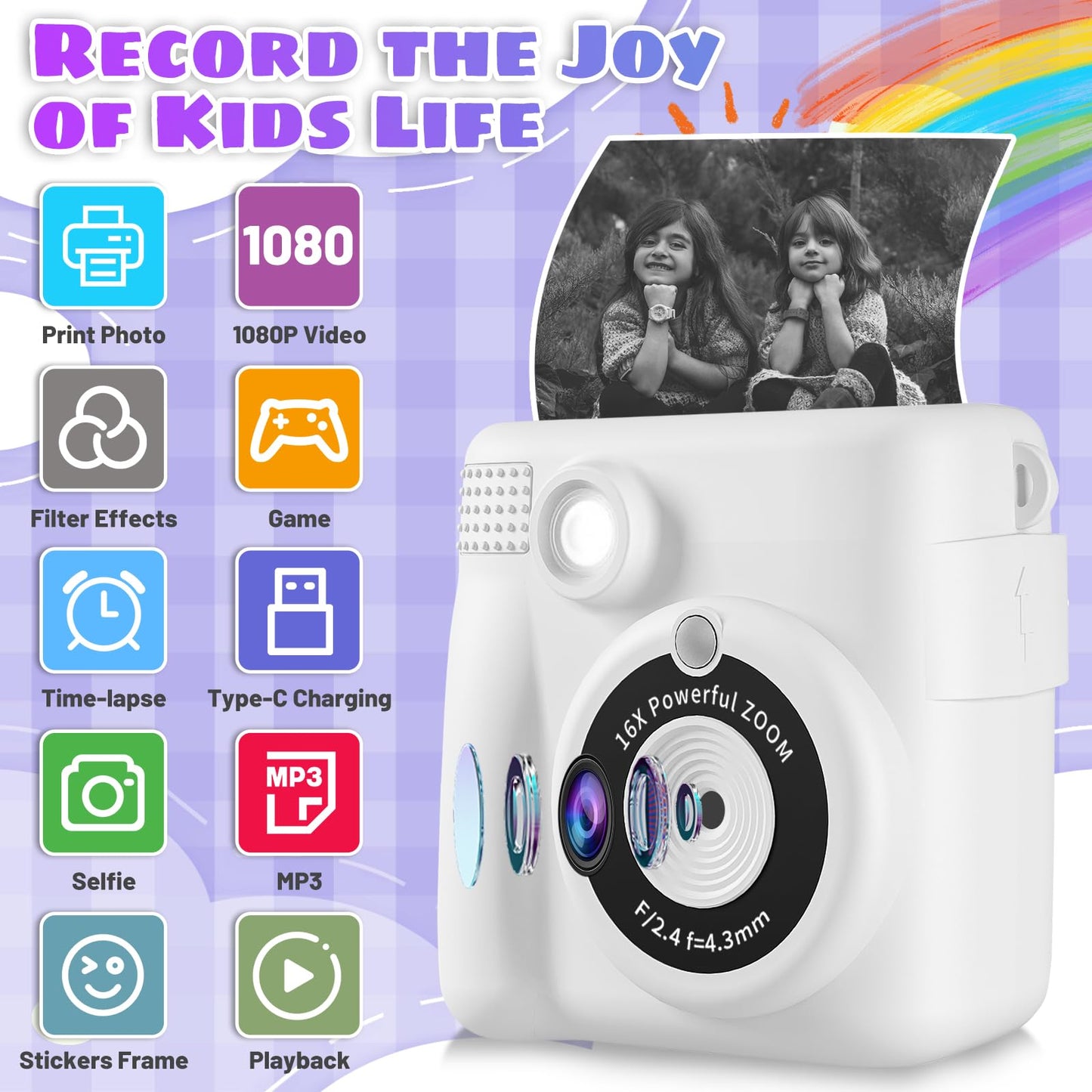 Instant Print Camera, Kids Camera 1080P HD Digital Camera with 32G SD Card, 3 Rolls Photo Paper & 6 Color Pencils for Age 6-12 Boys and Girls Birthday Gifts Photo and Video Recording