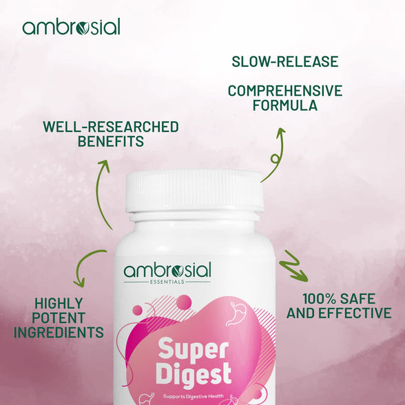 Ambrosial Super Digest with Betaine hcl Pepsin, Ox Bile, L-Glutamic Acid | Digestive Enzyme Supplements for Bloating Relief, Colon Cleanse| Digestives Gut Health Supplements (Pack of 1-60 Capsules)