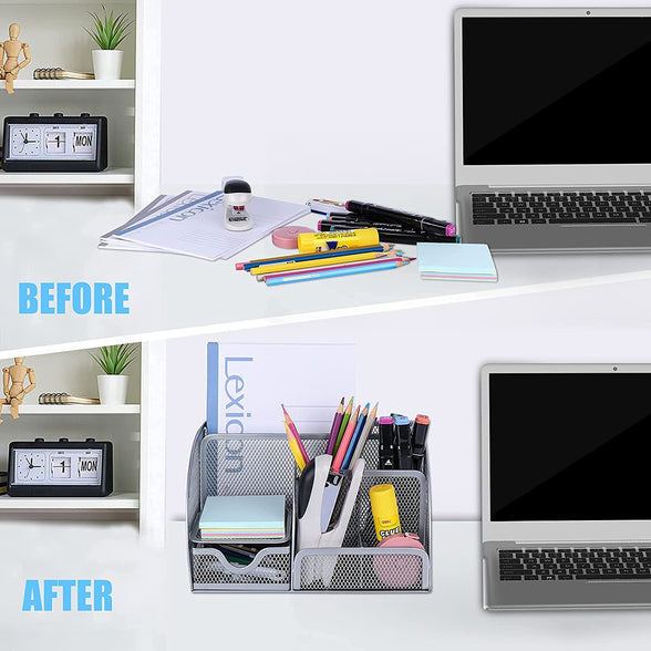 Mesh desk/Office organizer/multifunction pen holder with drawer stationery desktop (silver)