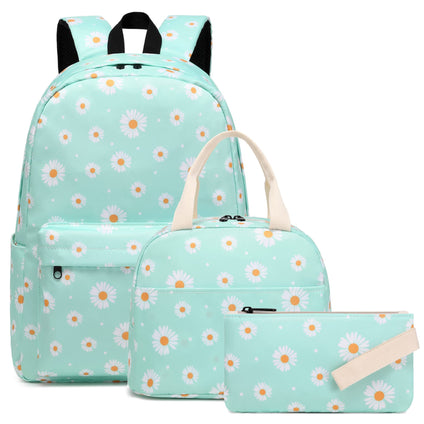 Kouxunt Daisy Girls School Backpacks for Kids Teens, 3-in-1 School Bag Bookbags Set with Lunch Bag Pencil Case (Green)