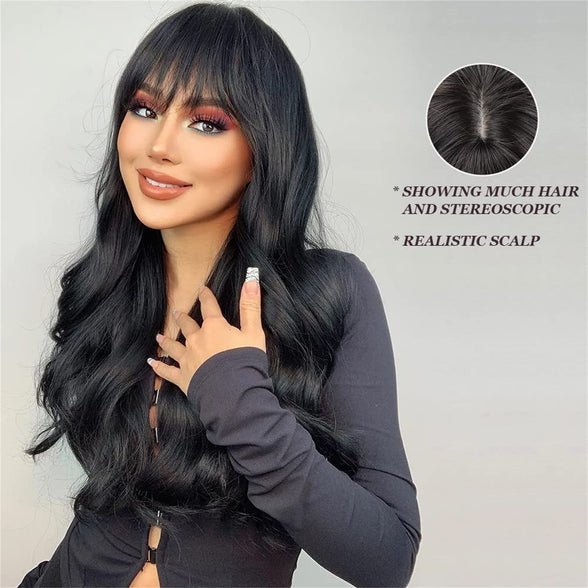 Arabest Long Wave Wigs with Bangs, Natural Curly Wavy Hair Black Color Synthetic Wigs with Neat Bangs, Can Modify Heat Resistant Weave Wigs, Women Wigs for Daily Party Cosplay