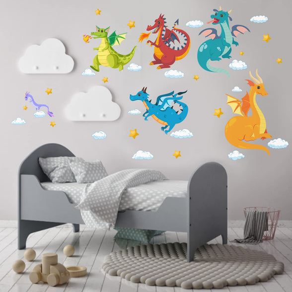 AnFigure Dragon Wall Stickers Cute Stars Cloud Wall Decals for Kids Room Boys Room Baby Room Nursery Playroom Bedroom Removable Animals Wall Decor Mural Vinyl Peel and Stick Decorations