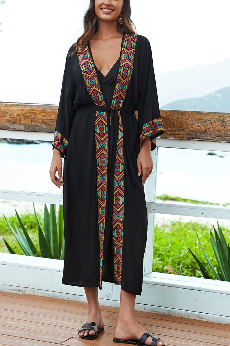 YouKD Embroidered Kaftan Dress Boho Beach Bikini Cover Up Robe Plus Size Loungewear for Women