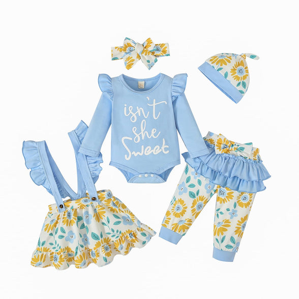 Toddler Baby Girl Dress Clothes Set Ruffle Sleeve Letters Top Floral Suspender Skirt Pants 5PCS Outfit, for 0-3 Months