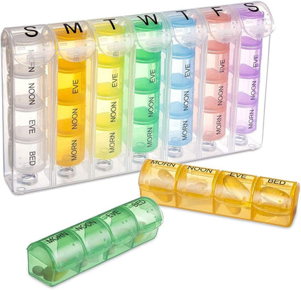 Bingcute Pill Box 7 Day Dispenser - Large Weekly Medicine Organiser with Portable Weekdays [4 Individual Storage Cells] Colour Coded Tablet Container 7 Day Pill Organizer Case