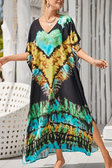 YouKD Maxi Dress V-Neck Kaftan Boho Robes Beach Cover-ups Dress Roomy Gowns for Women