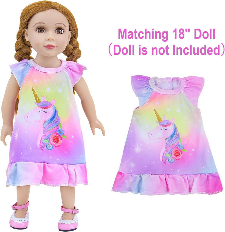 ICOSY Matching Girls & Doll Nightgowns Clothes Unicorn Pajamas Sleepwear Outfit for Girls and American 18" Girl Doll