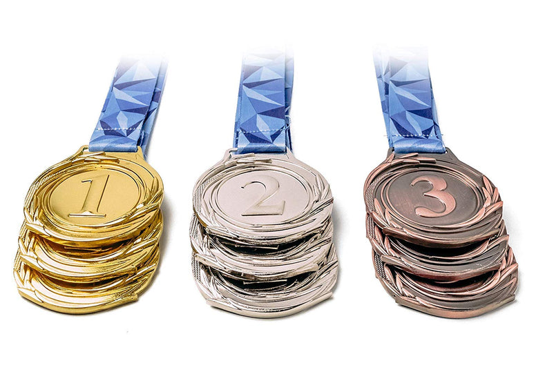 SEDOPLK 12 Pcs Large Size Metal Medals, Winner Gold Silver Bronze Award Medals with V Neck Ribbon for Events, Classrooms, Office Games and Sports, 2.55 Inch