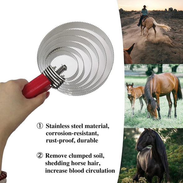 Stainless Steel Horse Brush,Reversible Stainless Steel Curry Comb 6 Rings Horse Curry Comb Metal Livestock Itching Brush with Soft Touch Grip