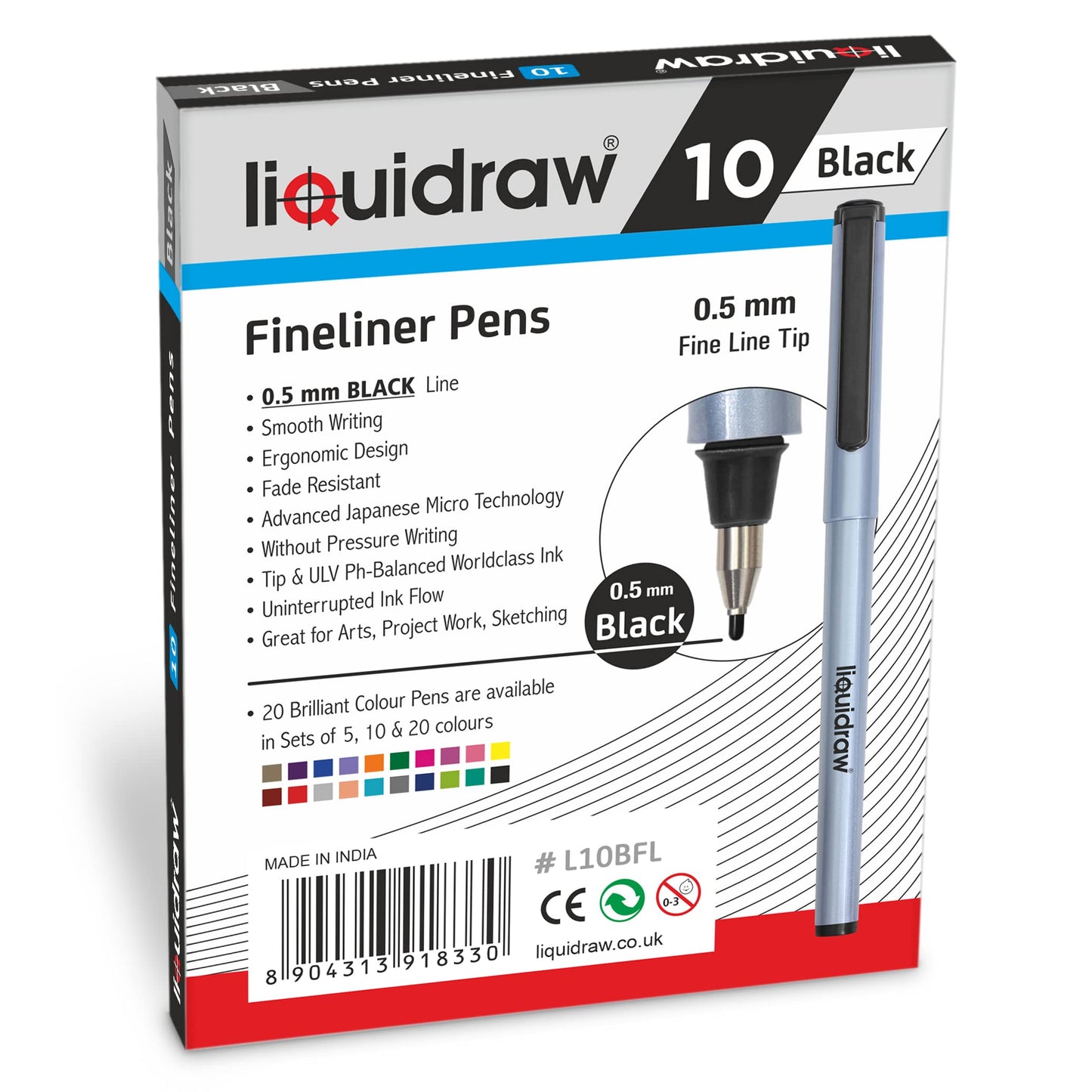 Liquidraw 10 Black Fineliner Pens Set Fine Point Pens 0.5mm Fineliners Black Coloured Pens For Artists, Architects, Technical Drawing, Handwriting, Calligraphy, Sketching, & Illustrations