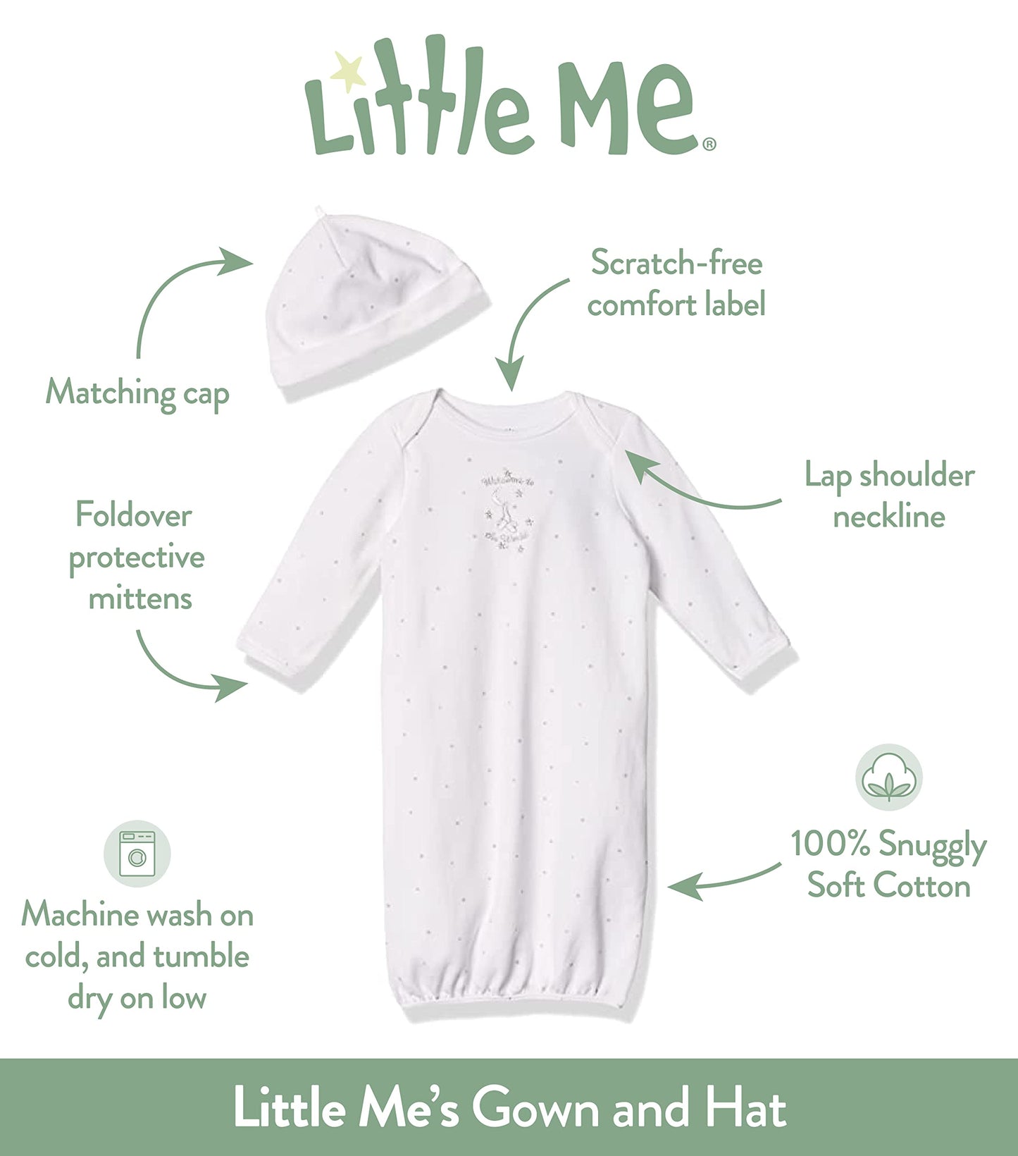 Little Me baby-girls 2-piece Nightgown and Cap Set 0 Months
