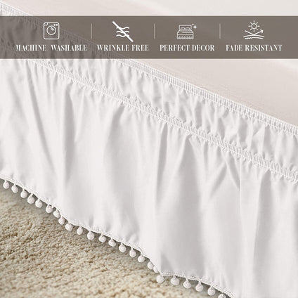 Elegant Comfort 1-Piece Ella Collection Pom-Pom Bed Skirt 16inch Drop, 1500 Thread Count Egyptian Quality, Wrap Around Elastic for Easy Application, Wrinkle Resistant, Twin/Full, Aesthetic White