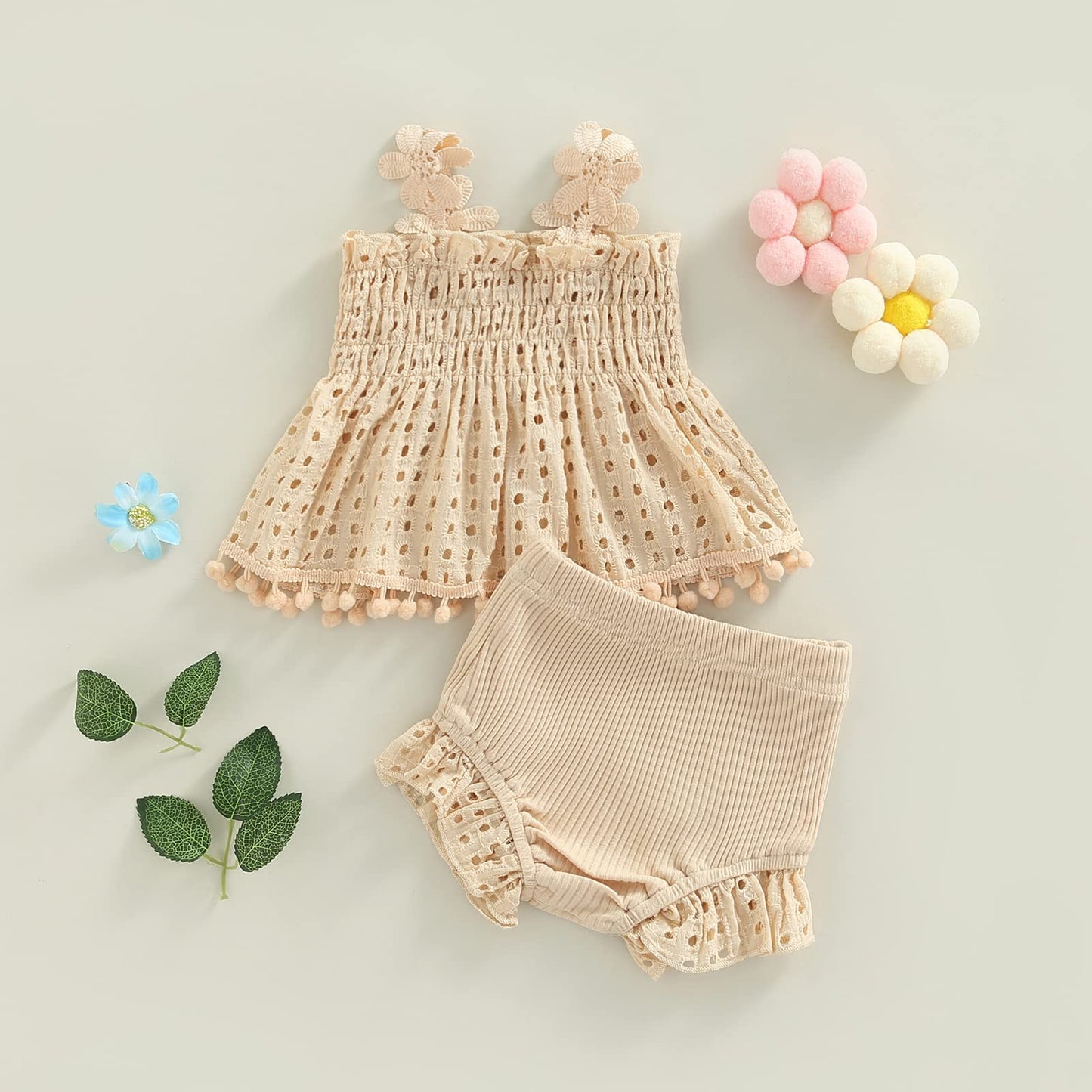 Newborn Baby Girls Clothes Sets Waffle Floral Print Sleeveless Bodysuits+Ruffles Drawstring Summer Shorts+Headband(3-6 M)