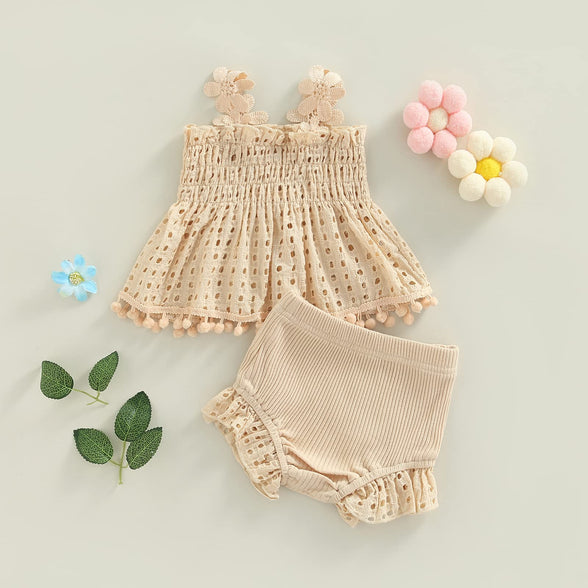 Newborn Baby Girls Clothes Sets Waffle Floral Print Sleeveless Bodysuits+Ruffles Drawstring Summer Shorts+Headband(3-6 M)