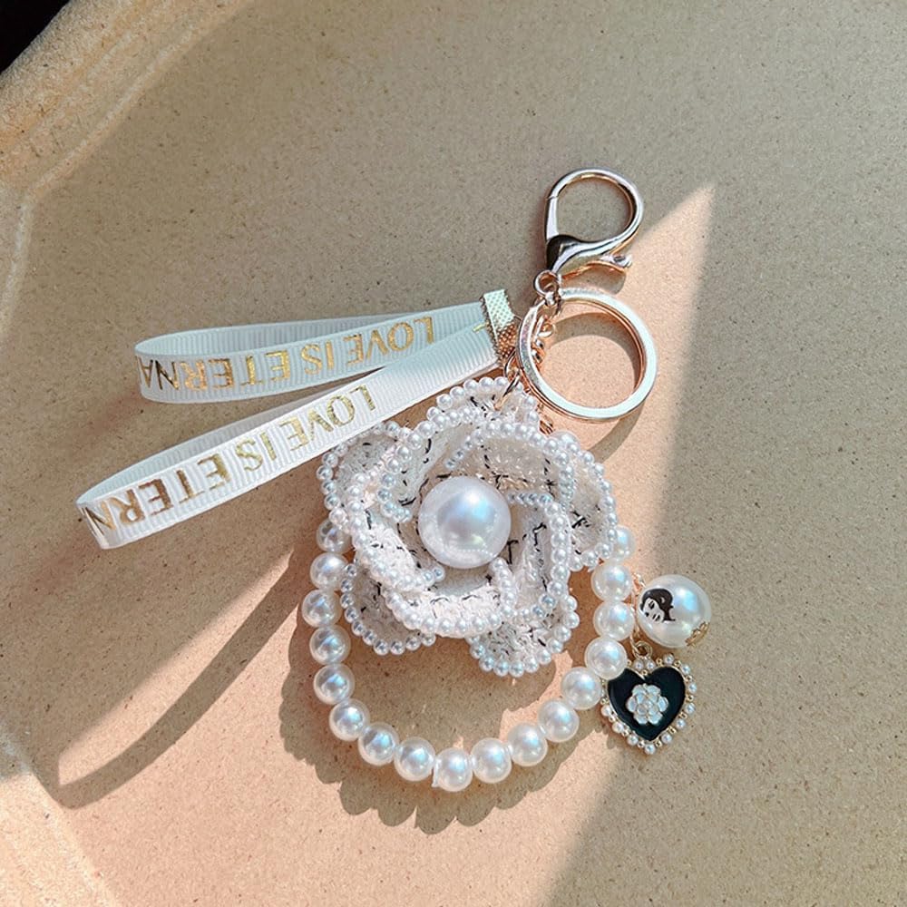 Goodern Camellia Pearl Pendant Keychain,Fashion Flower Keychain with Love Pendant Creative Camellia Ribbon Pearl Keychain Crafts Key Pendant Car Handbag Key Ring Decorations for Women Girl-White