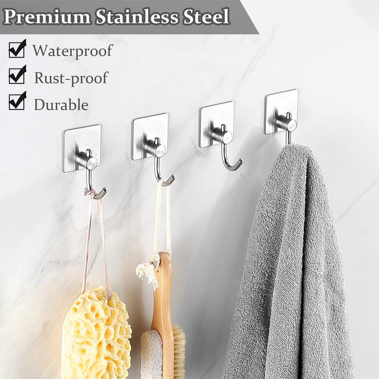 ikeoat Wall Adhesive Hooks, ikeoat Stainless Steel Bathroom Hooks for Hanging Loofah, Coat, Hat, Key, Clothes, Heavy Duty Towel Hooks, No Drill Coat Hooks for Bathroom, Kitchen, Office, 4 Pcs, Sliver