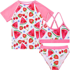 Vogseek Rash Guard Swimwear Girls 3-Piece Short Sleeve Swimsuit Kids Bathing Suit UPF 50+ Quick Dry Bikini Girls 7T-13T