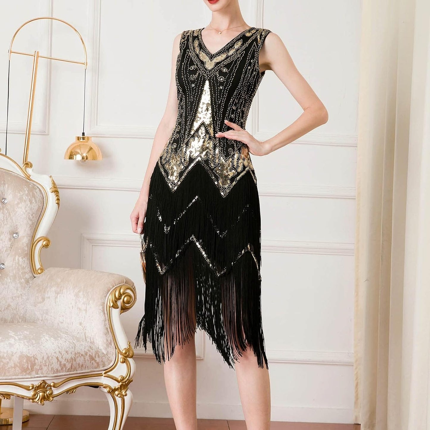 Great Gatsby 1920's Party Sequin Tassel Flapper Dress V Neck Vintage Beaded Evening Dress, Blackgold/M