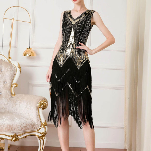 Great Gatsby 1920's Party Sequin Tassel Flapper Dress V Neck Vintage Beaded Evening Dress, Blackgold/M