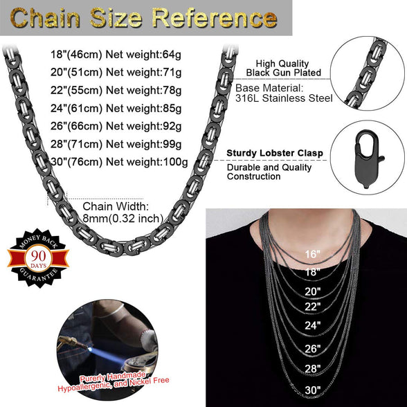 ChainsHouse Flat Byzantine Chain Link Necklace for Men Women, 6mm/8mm/10mm Width, 18-30inch Length, 316L Stainless Steel/18K Real Gold Plated Mens Bracelet Jewelry