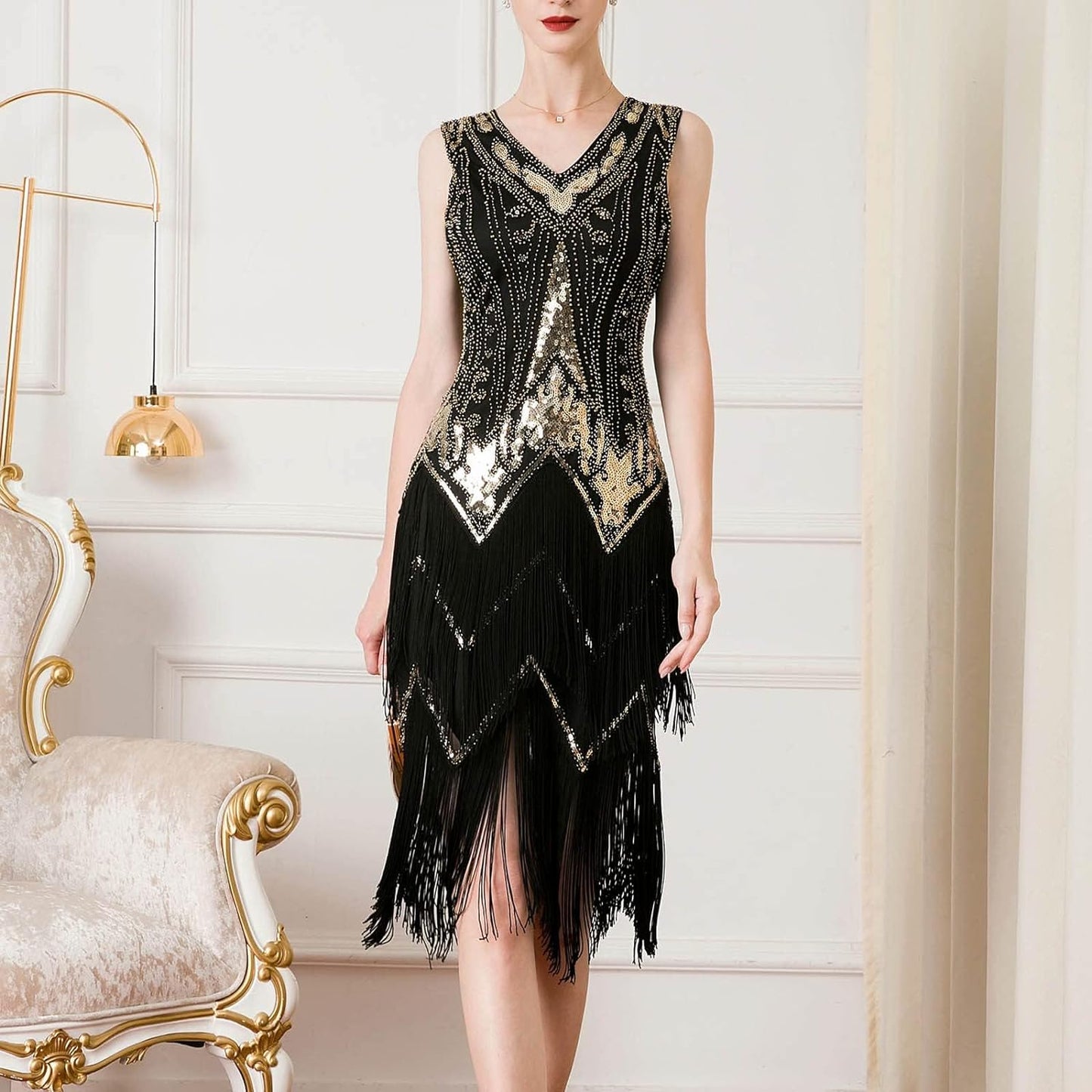 Great Gatsby 1920's Party Sequin Tassel Flapper Dress V Neck Vintage Beaded Evening Dress, Blackgold/M