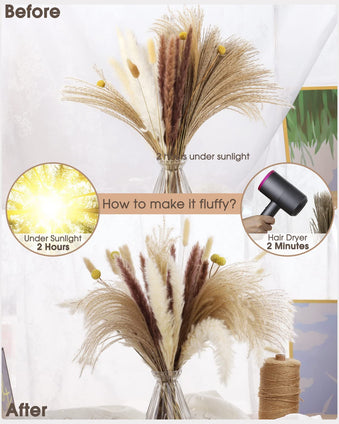 Dried flowers 86pcs Pampas Grass ,Natural Dried Bouquets,Contains Bunny Tails,Reed Grass Bouquet for Wedding,home décor