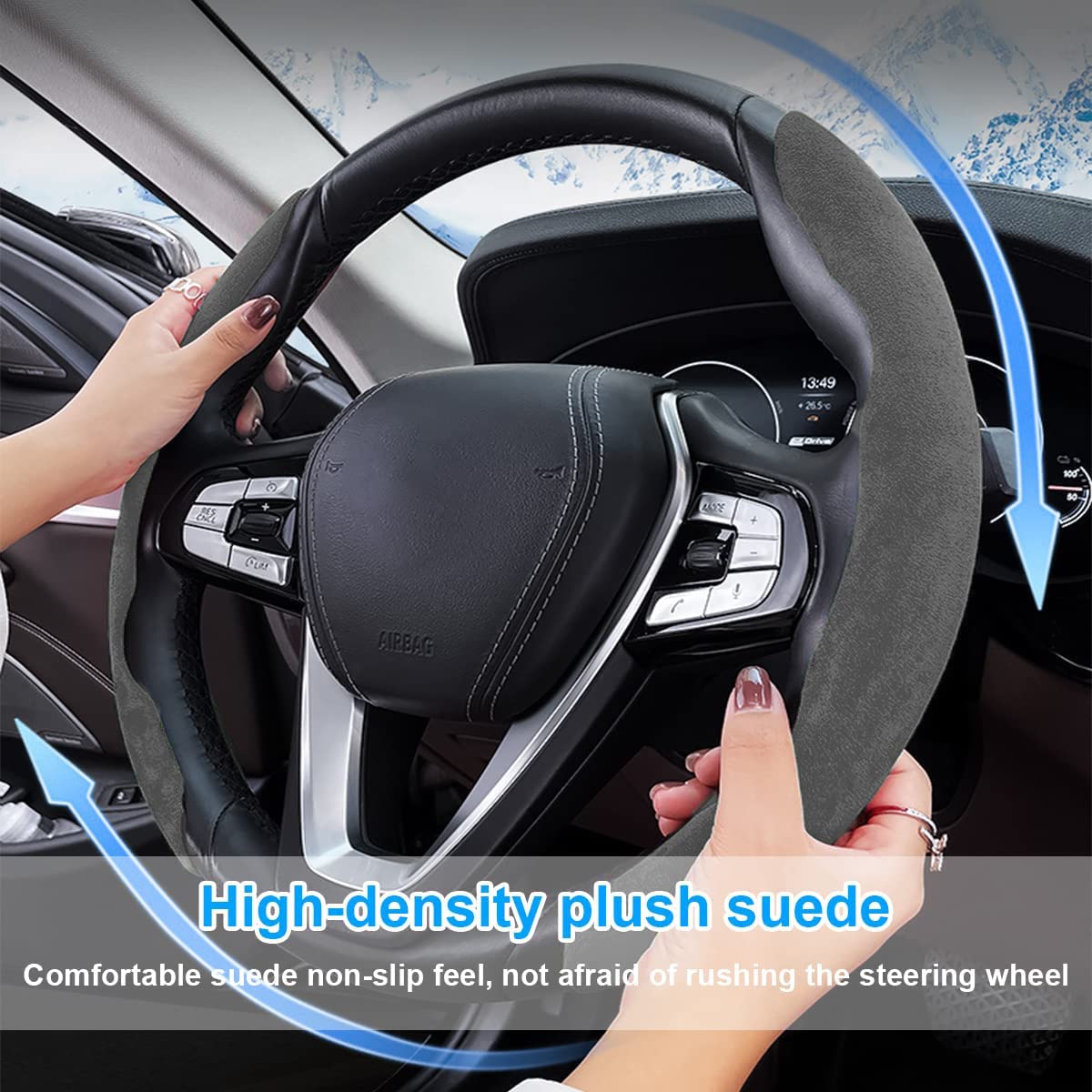 Synthetic Suede Steering Wheel Cover for Women Men, Sporty Segmented Steering Wheel Protector Anti Skid Soft Leather Universal for 99% Car Steering Wheel (Grey)
