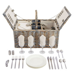 Wicker Picnic Basket Set for 4 with Insulated Cooler Bag, Metal Silverware, Salt/Pepper Shakers, and Corkscrew Wine Bottle Opener, Ceramic Plates, Glass Wine Glasses, and Cloth Napkins (Gray)