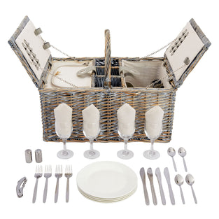 Wicker Picnic Basket Set for 4 with Insulated Cooler Bag, Metal Silverware, Salt/Pepper Shakers, and Corkscrew Wine Bottle Opener, Ceramic Plates, Glass Wine Glasses, and Cloth Napkins (Gray)