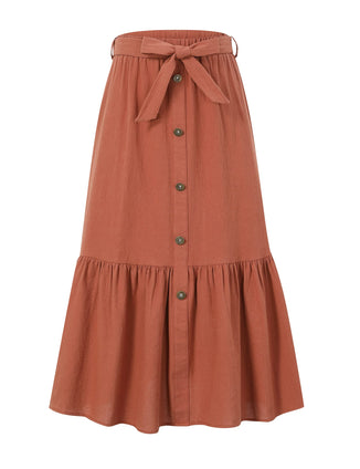 Kukume Maxi Skorts Skirt for Girls Button Front High Waisted Long Skirt with Belt Ruffled Skirts with Pocket 3-12Years