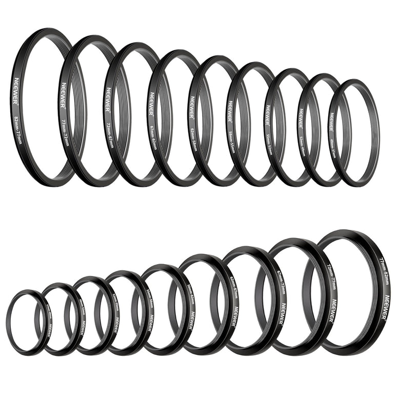 Neewer 18 Pieces Metal Camera Lens Filter Ring Adapter Kit - 9 Pieces Step Up Ring Setand 9 Pieces Step Down Ring Set for Canon Nikon Sony Olympus DSLR Camera, Black