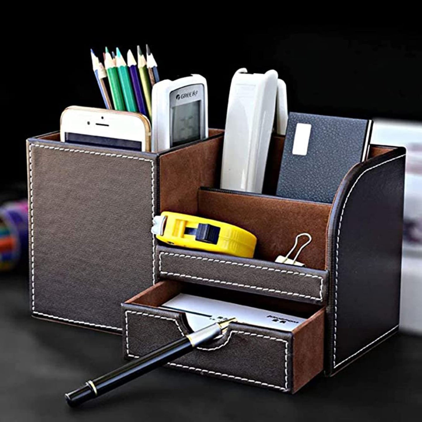 ELECDON Leather Desk Organizer Pen Pencil Holder, Stationery Storage Box, Multi-Function Office Desk Organizer, with Small Drawer for Pen, Phone, Pencil, Remote Control (Brown)