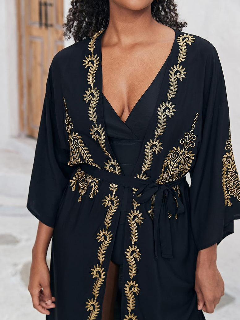 YouKD Embroidered Kaftan Dress Boho Beach Bikini Cover Up Robe Plus Size Loungewear for Women