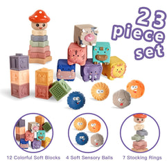 AM ANNA 23pcs Baby Toys 6-12 Months, Montessori Toys for 1 Year Old, Stacking Building Blocks for Toddlers 1-3, Soft Baby Toy for Infant 0-6 Months, Sensory Ball for 0-3-6-9-12 Months