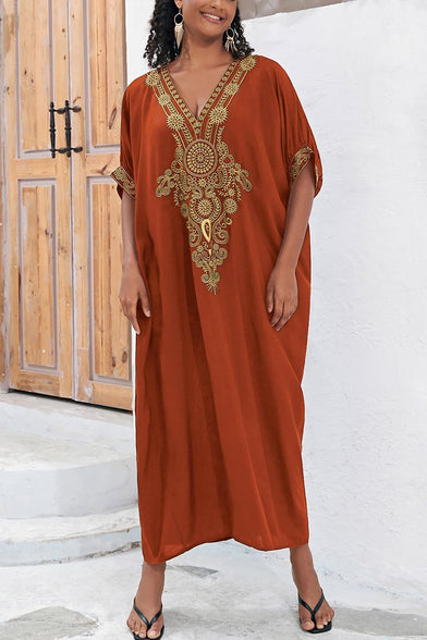 YouKD Embroidered Kaftan Dress Boho Beach Bikini Cover Up Robe Plus Size Loungewear for Women