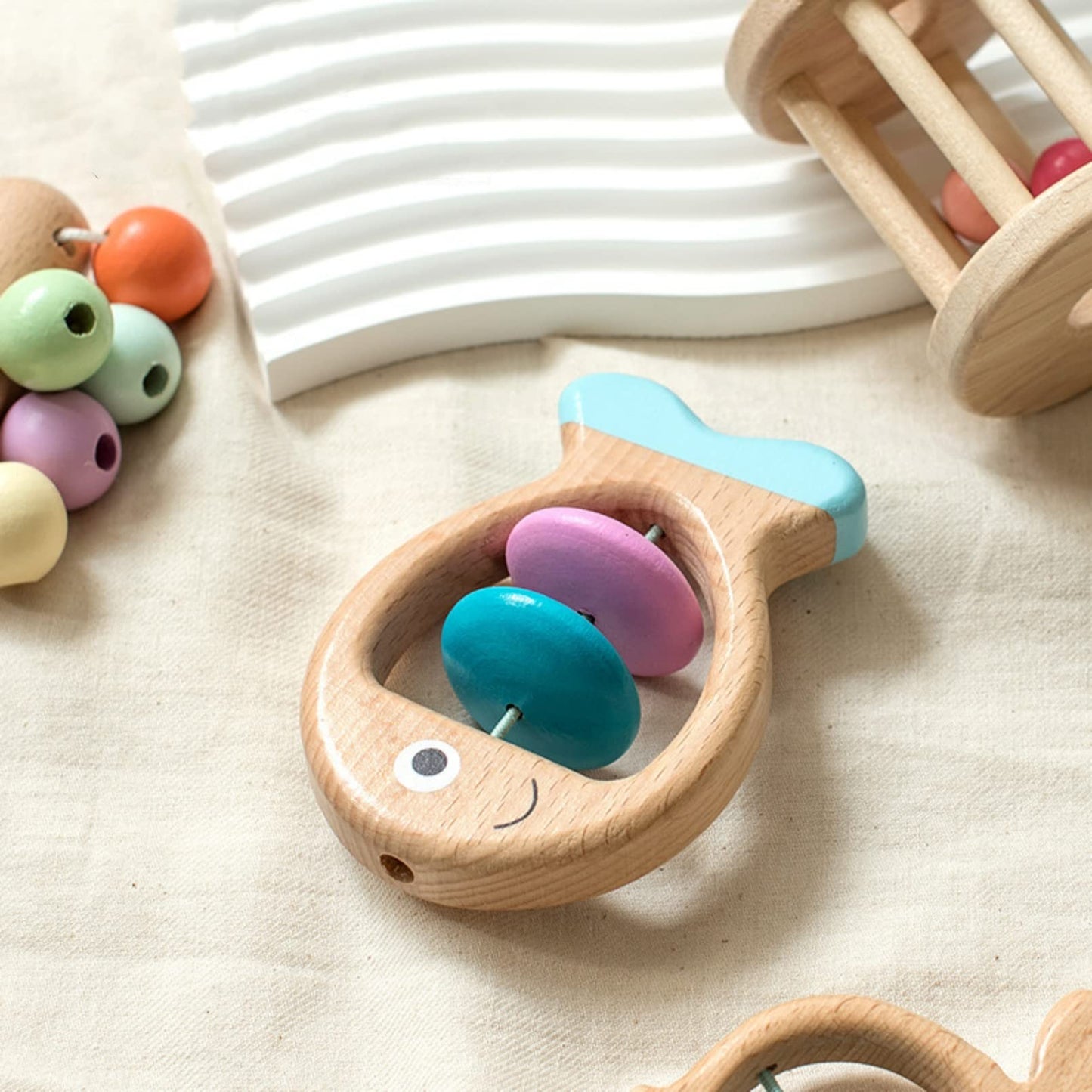 AM ANNA Wooden Rattle for Baby 0-6 months ,5 Pcs Wooden Baby Rattle Toy with Bells,Rolling Rattles,Montessori Wood Baby Dog for Newborns Infant Boys and Girls Gifts