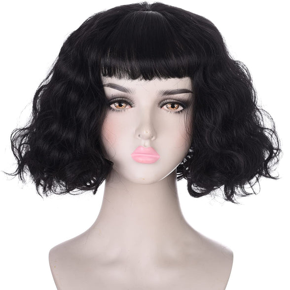 Lydia Deetz Cosplay Wig for Women Girls Short Black Bob Wig with Bangs Synthetic Hair Wavy Wigs for Womens Costume Halloween Party