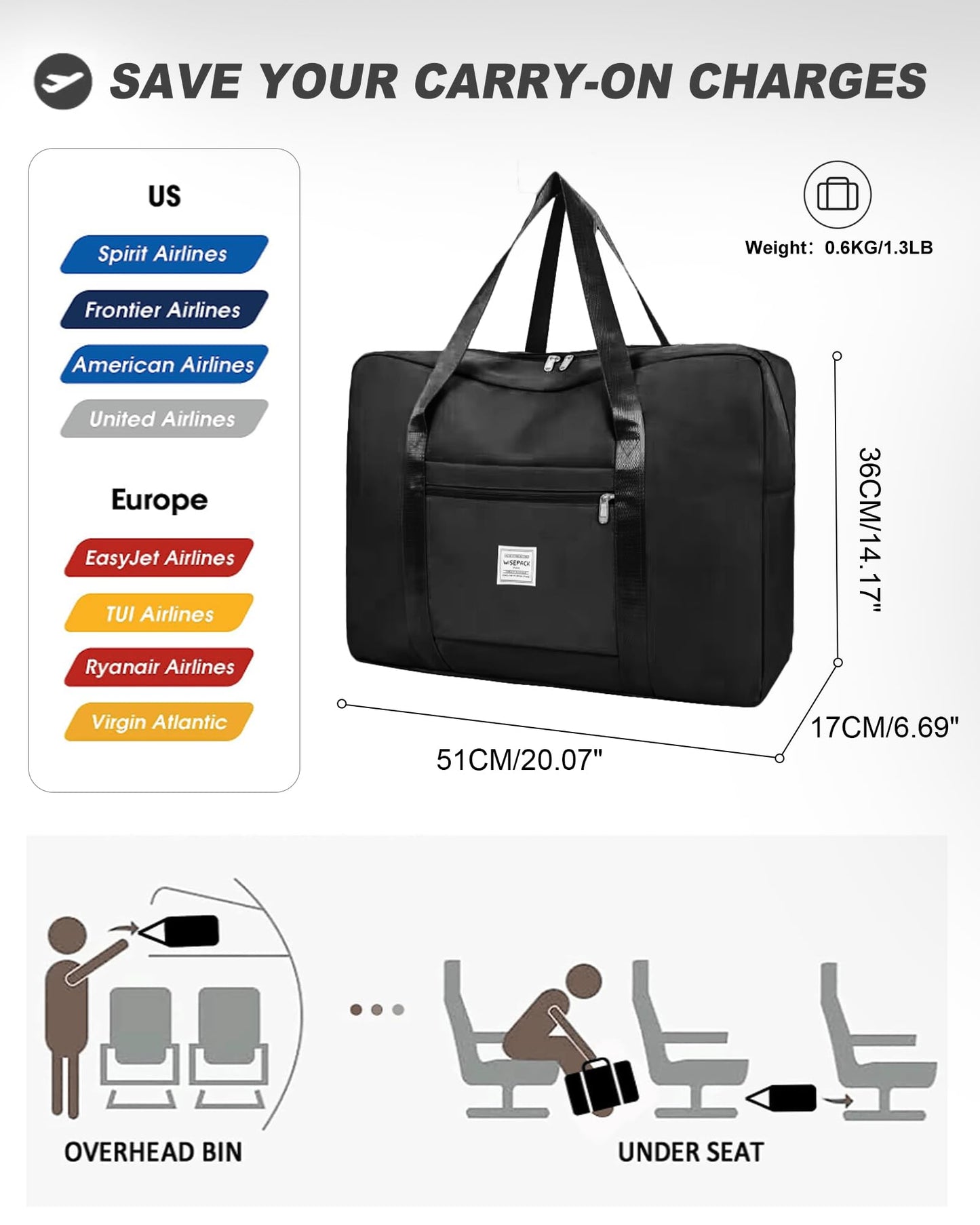 Travel Duffle Bag, A1-Black（With Toiletry Bag）