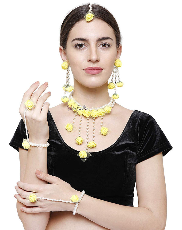 YouBella Stylish Latest Traditional Haldi Jewellery Pearl Jewellery Set for Women (Yellow)(YBNK_5542)