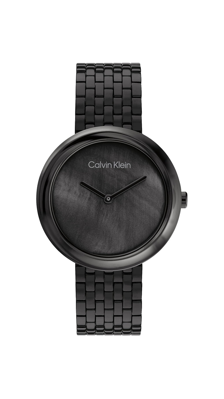 Calvin Klein, Twisted Bezel Women's Bla Mother Of Pearl Dial, Ionic Plated Bla Steel Watch - 25200323