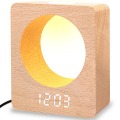 Digital Wooden LED Alarm Clock with Night Light,3 Alarm Settings, Humidity & Temperature Detect for Bedroom, Bedside, Desk, Kids
