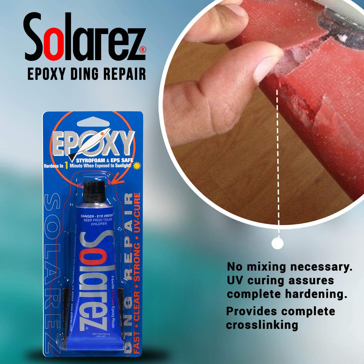 SOLAREZ UV Cure Epoxy Ding Resin Paddle Board & Surfboard Repair Kit (Tube, 1oz)